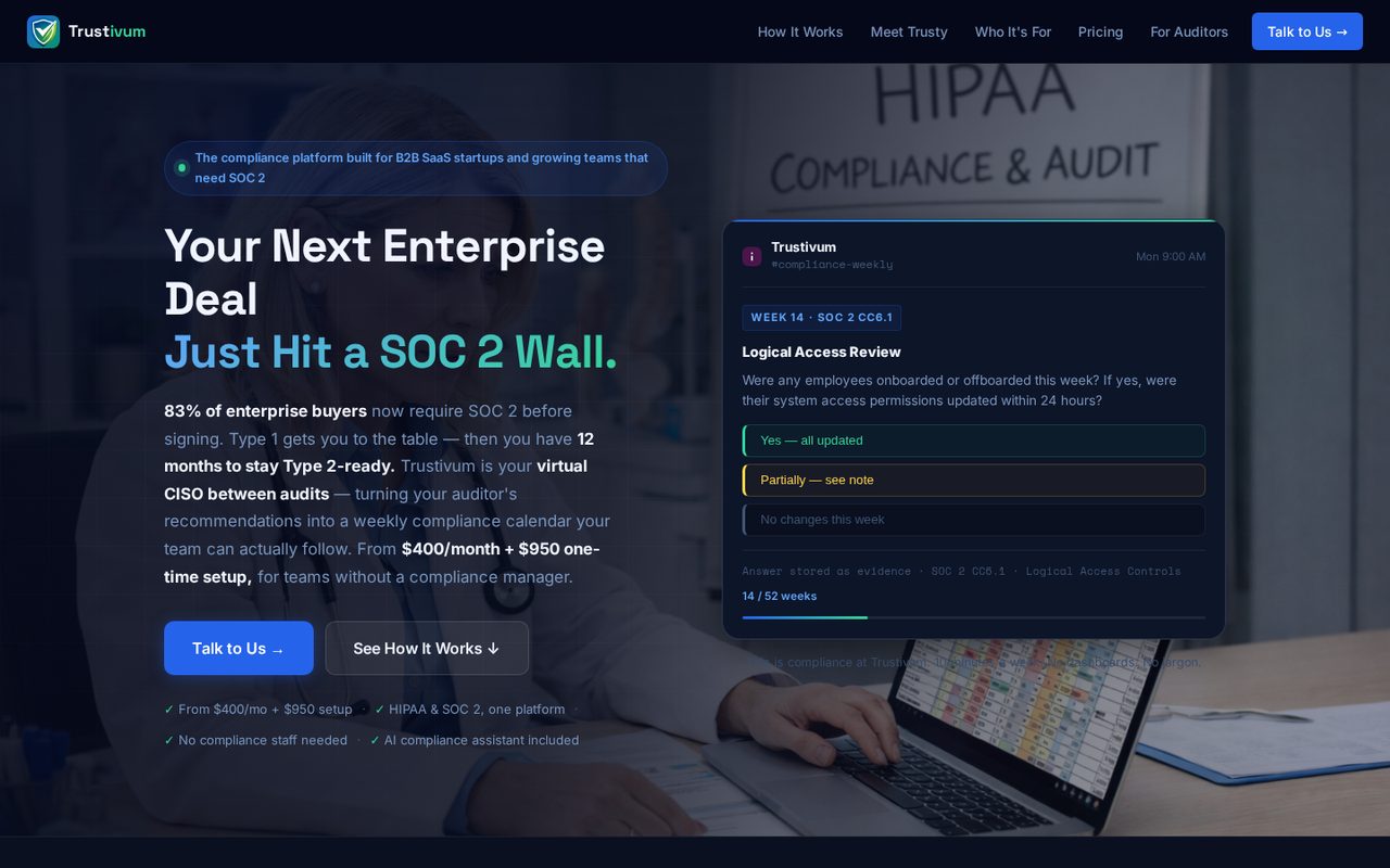 Trustivum compliance platform — SOC 2 and HIPAA compliance calendar with weekly control check-ins stored as audit evidence